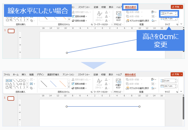 図形の書式でサイズを変更（水平線）