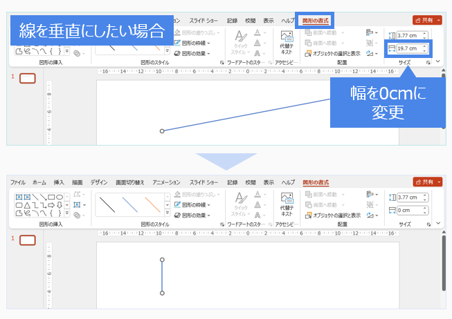 図形の書式でサイズを変更（垂直線）